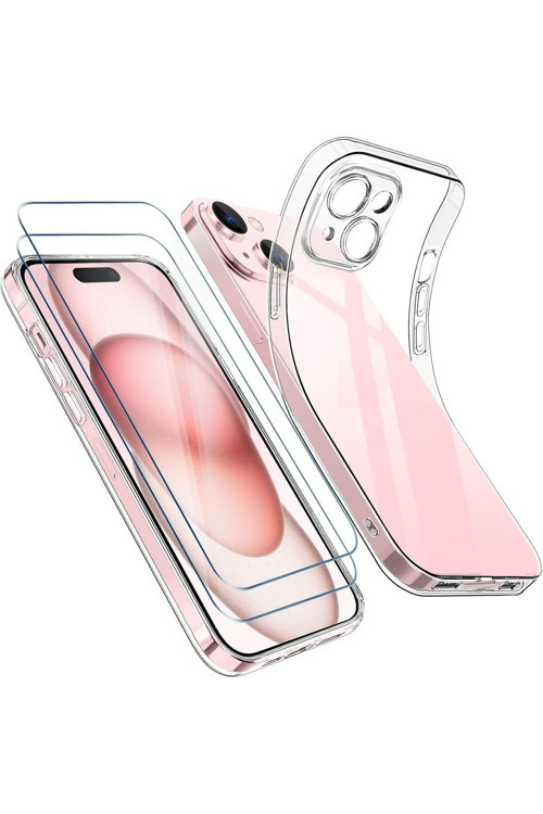 (2 Cam 1 Kılıf) Iphone 15 Uyumlu 1 Şeffaf Silikon Kılıf 2 Cam Ekran Koruyucu