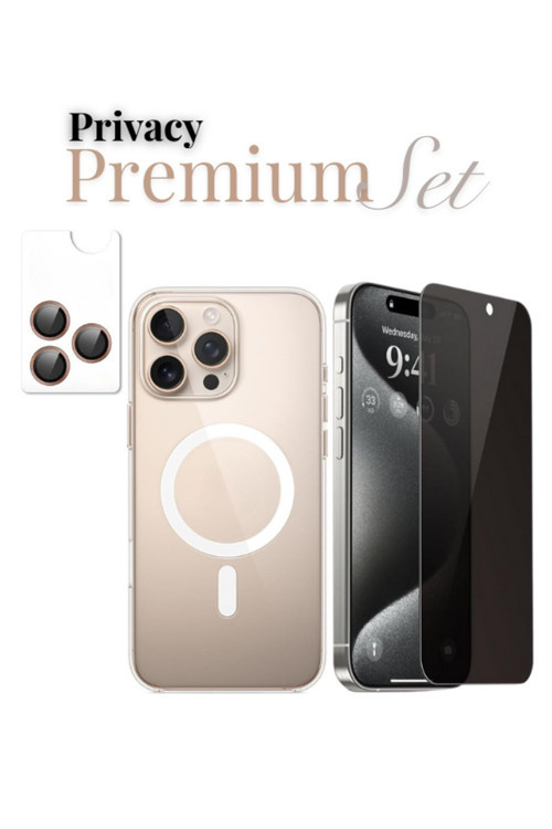 (Hy-Premıum Set) 16 Pro Max Uyumlu Armor Hayalet Ekran Koruyucu+(Ic) Magsafe Kılıf+Armor Lens Koruma