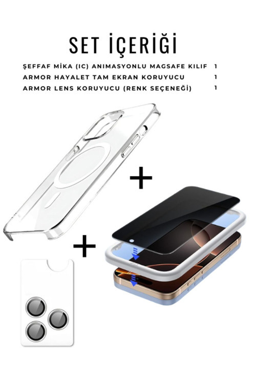 (Hy-Premıum Set) 16 Pro Max Uyumlu Armor Hayalet Ekran Koruyucu+(Ic) Magsafe Kılıf+Armor Lens Koruma