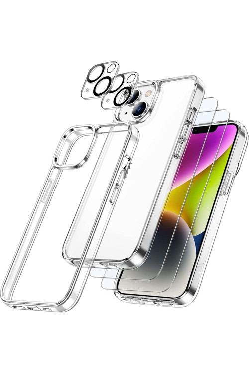 (5'İ 1 Arada) İphone 13 Uyumlu 1 Şeffaf Kılıf + 2 Ekran Koruyucu + 2 Kamera Lens Koruyucu
