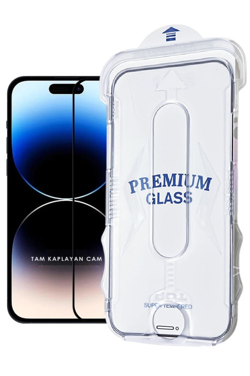 (Magıcbox Tam) İphone 15 Pro Max Uyumlu Kolay Kurulum Aparatlı Magic Tam Kaplayan Cam Ekran Koruyucu