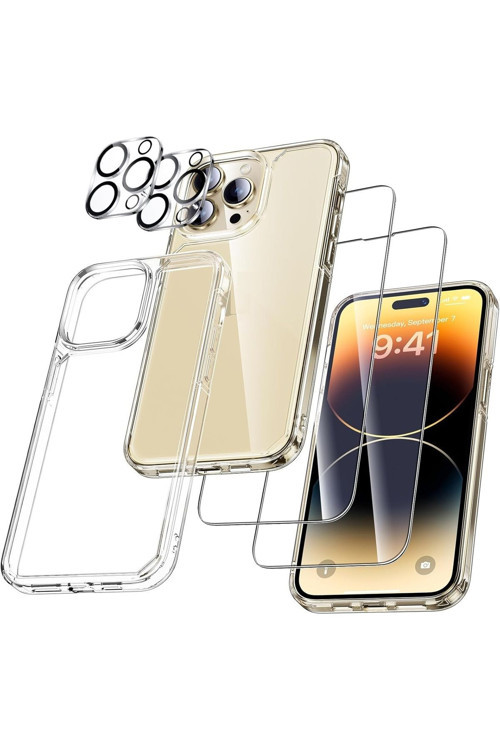 (5'İ 1 Arada) İphone 14 Pro Uyumlu 1 Şeffaf Kılıf + 2 Ekran Koruyucu + 2 Kamera Lens Koruyucu