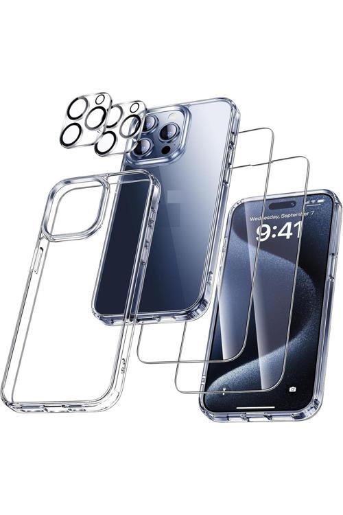(5'İ 1 Arada) İphone 15 Pro Max Uyumlu 1 Şeffaf Kılıf + 2 Ekran Koruyucu + 2 Kamera Lens Koruyucu
