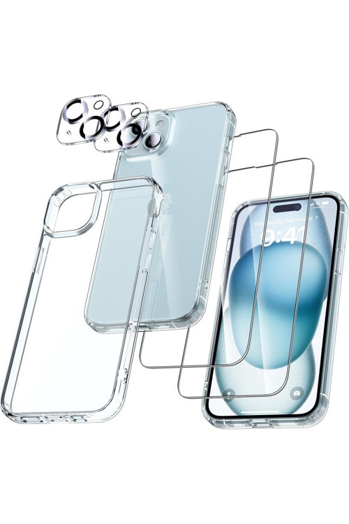 (5'İ 1 Arada) İphone 15 Uyumlu 1 Şeffaf Kılıf + 2 Ekran Koruyucu + 2 Kamera Lens Koruyucu