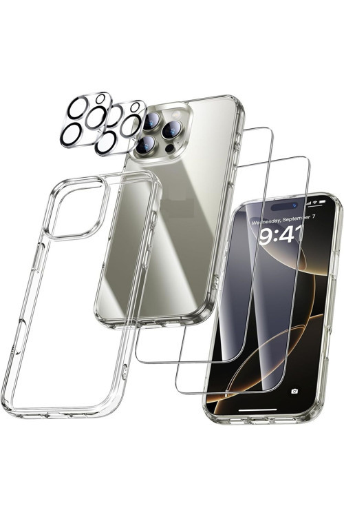 (5'İ 1 Arada) İphone 16 Pro Uyumlu 1 Şeffaf Kılıf + 2 Ekran Koruyucu + 2 Kamera Lens Koruyucu