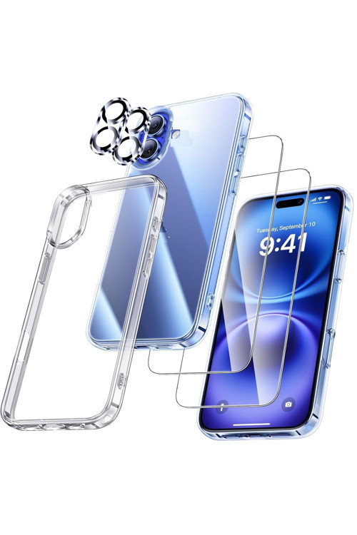 (5'İ 1 Arada) İphone 16 Uyumlu 1 Şeffaf Kılıf + 2 Ekran Koruyucu + 2 Kamera Lens Koruyucu