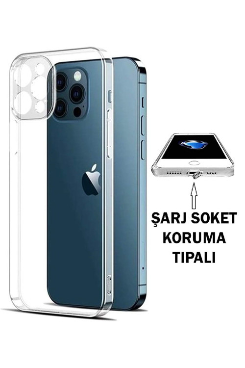 (Tıpalı Şeffaf) 12 Pro Max Kamera Koruyuculu Şarj Yeri Tıpalı Yumuşak Şeffaf Silikon Kılıf