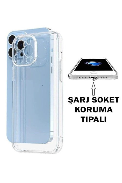 (Tıpalı Şeffaf) Iphone 13 Pro Kamera Koruyuculu Şarj Yeri Tıpalı Yumuşak Şeffaf Silikon Kılıf