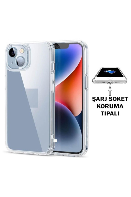 (Tıpalı Şeffaf) Iphone 14 Kamera Koruyuculu Şarj Yeri Tıpalı Yumuşak Şeffaf Silikon Kılıf