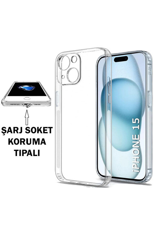 (Tıpalı Şeffaf) Iphone 15 Kamera Koruyuculu Şarj Yeri Tıpalı Yumuşak Şeffaf Silikon Kılıf