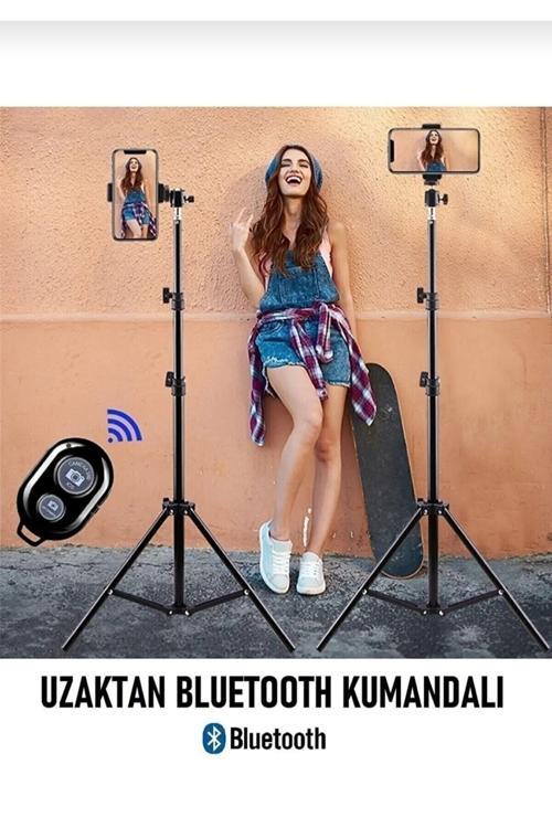 Bluetooth Kumandalı Tripod 2.1 Metre Metal Ring Lıght Lamba Ayağı 360 Döner Başlıklı Telefon Tutucu