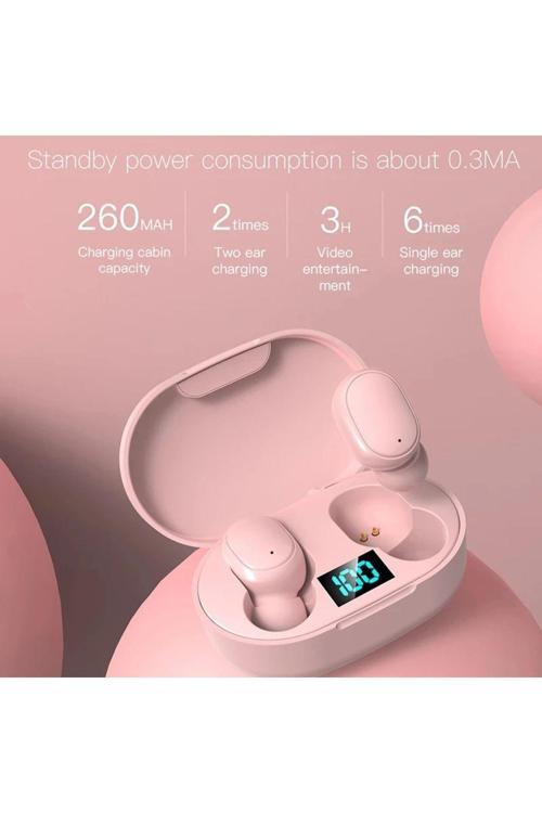 E6S Bluetooth 5.0 Kablosuz Kulaklık Toz Pembe Çift Mikrofonlu Powerbank Kutulu 2024Versiyon