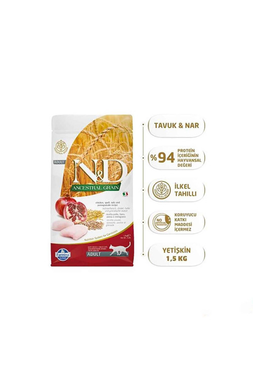 Ancestral Tavuklu Ve Narlı Tahıllı Yetişkin Kedi Maması 1.5 Kg
