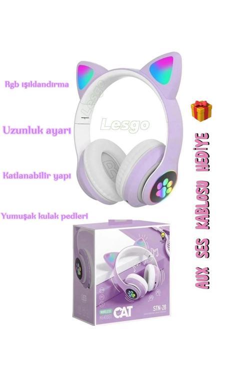 A+ Kalite Kedi Kulağı Detaylı Bluetooth Kablosuz Rengarenk Işıklı Rgb Çocuk Kulaklık 2025 Vers