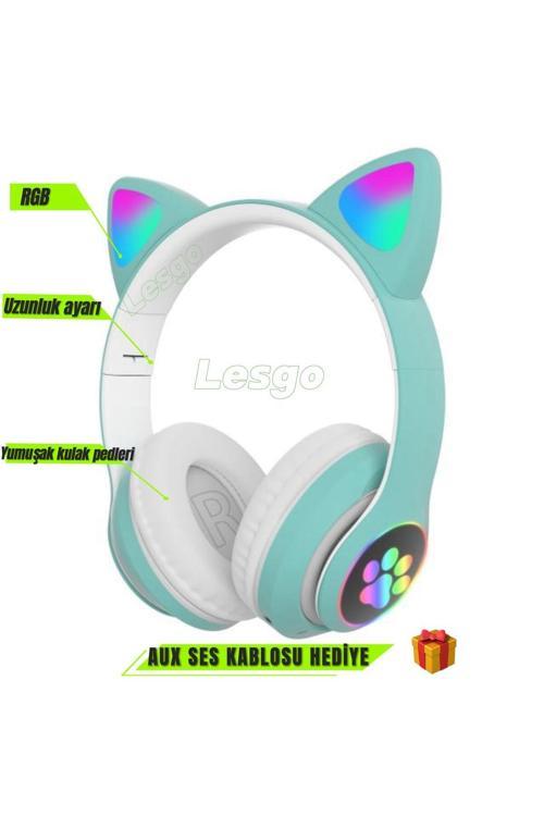 A+ Kalite Kedi Kulağı Detaylı Bluetooth Kablosuz Rengarenk Işıklı Rgb Çocuk Kulaklık 2025 Vers