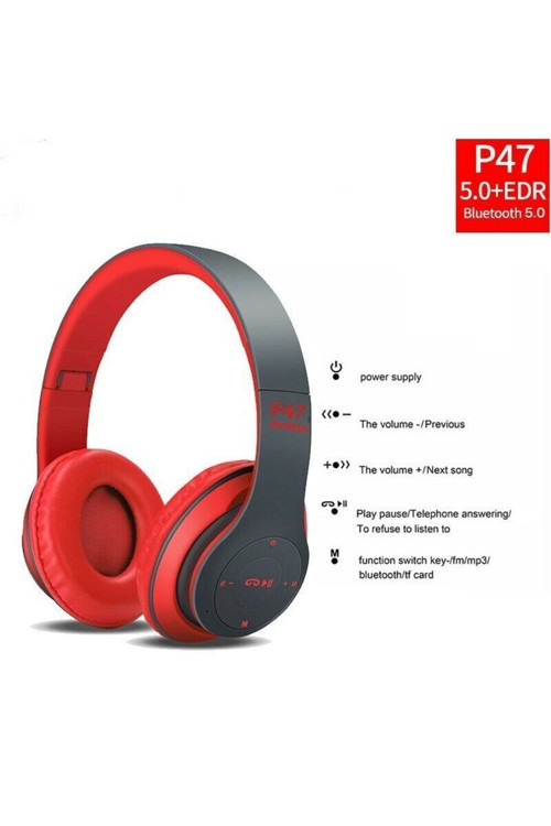 P47 Kablosuz 5.0 Mikrofonlu Bluetooth Kulaklık Kırmızı 2023Versiyon Uyumlu