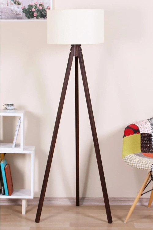 Ahşap Lambader Tripod Abjur Krem Kahve Ly523