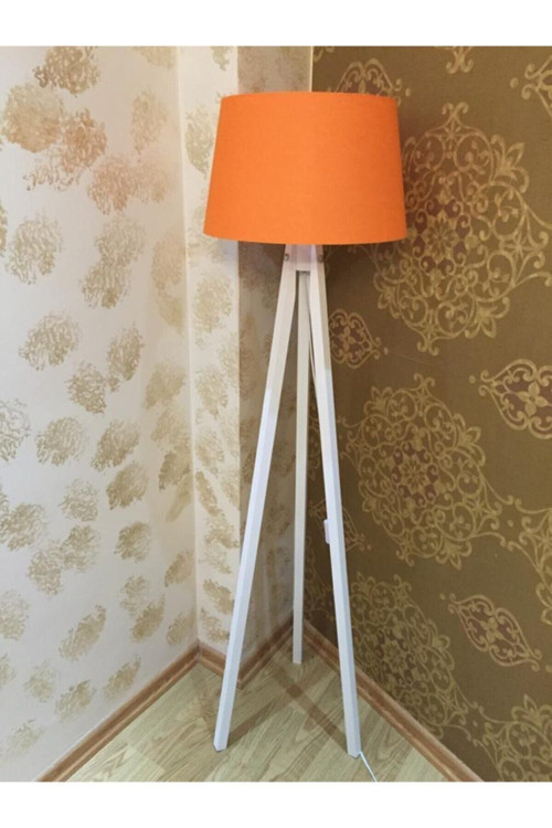 Üç Ayaklı Lambader Ahşap Tripod Ayak Konik Kumaş Turuncu Beyaz
