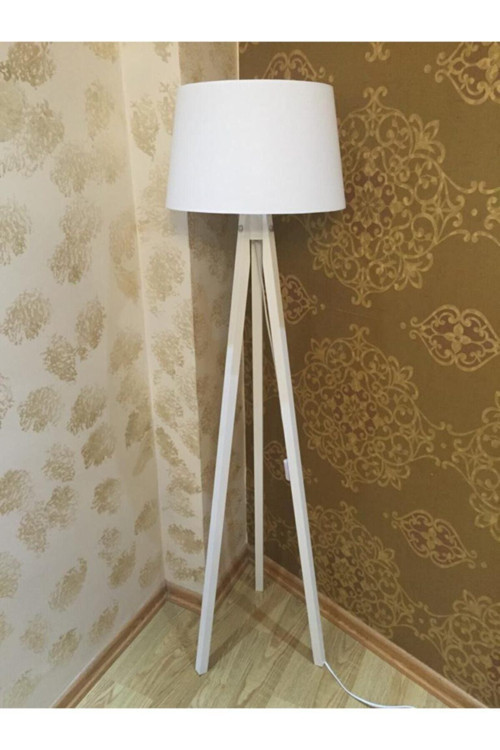 3 Ayaklı Lambader Ahşap Abajur Tripod Lamba Konik Kumaş Beyaz