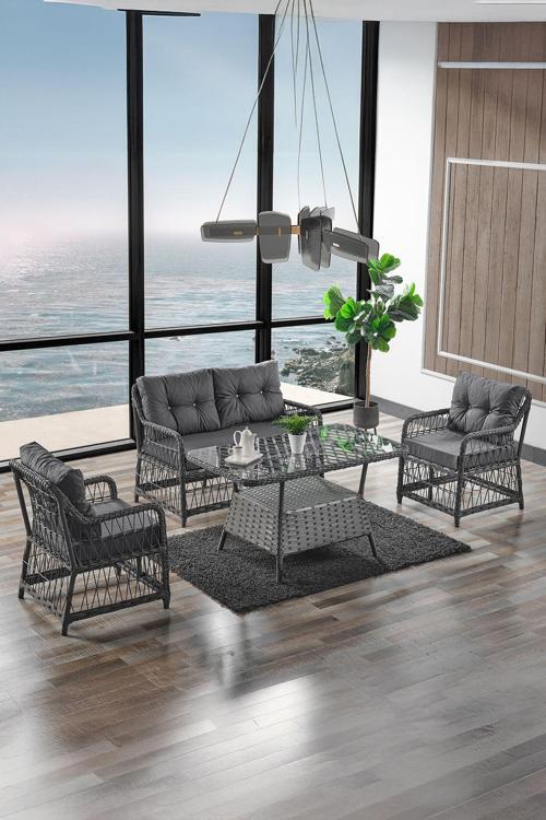 Breda Rattan Örgü Bahçe Balkon Takımı 2+1+1 Cam Masalı Antrasit