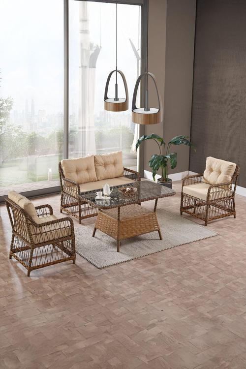 Breda Rattan Örgü Bahçe Balkon Takımı 2+1+1 Cam Masalı Kahve