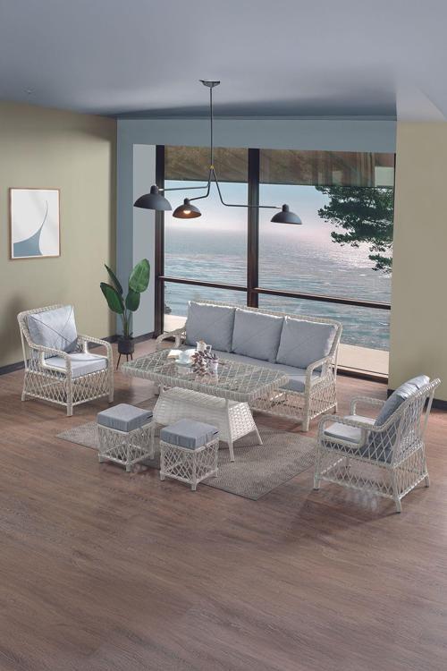 Edra Rattan Puflu Bahçe Balkon Takımı 3+1+1+Camı Masa Kemik Rengi