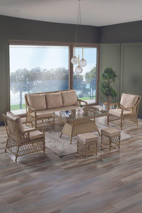 Edra Rattan Puflu Bahçe Balkon Takımı 3+1+1+Camlı Masa Cappuccino