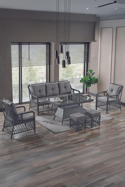 Edra Rattan Puflu Bahçe Balkon Takımı 3+1+1+Camlı Masa Gri