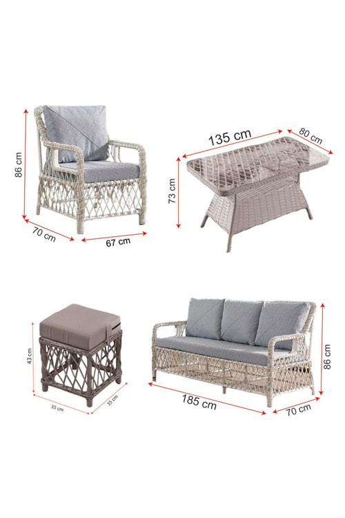 Edra Rattan Puflu Bahçe Balkon Takımı 3+1+1+Camlı Masa Gri