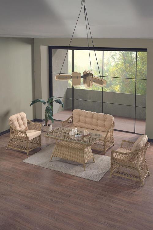 Icon Rattan Bahçe Balkon Oturma Takımı 2+1+1+Camlı Masa Cappuccino