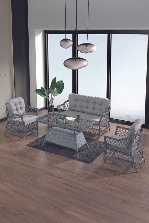 Icon Rattan Bahçe Balkon Oturma Takımı 2+1+1+Camlı Masa Gri