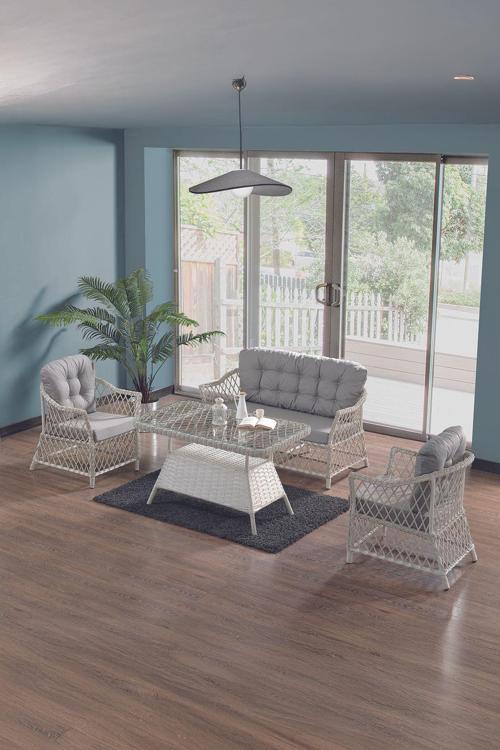 Icon Rattan Bahçe Balkon Oturma Takımı 2+1+1+Camlı Masa Kemik Rengi