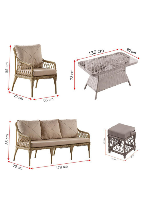 Joy Rattan Puflu Bahçe Balkon Takımı 3+1+1+ Camlı Masa Gri