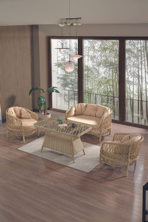 Konfor Rattan Bahçe Balkon Oturma Takımı 2+1+1+Camlı Masa Cappuccino