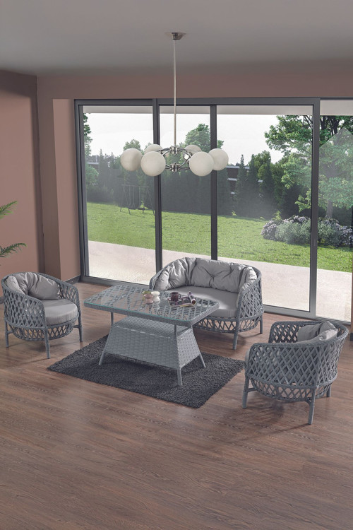 Konfor Rattan Bahçe Balkon Oturma Takımı 2+1+1+Camlı Masa Gri