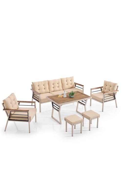 Lara Metal Puflu Bahçe Balkon Takımı 3+1+1+Ahşap Masa Cappuccino