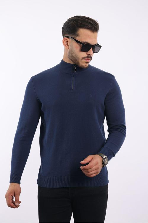 %100 Pamuk Tüylenme Yapmayan Yarım Fermuarlı Triko Siyah