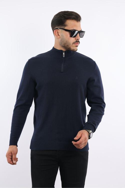 %100 Pamuk Tüylenme Yapmayan Yarım Fermuarlı Triko Siyah