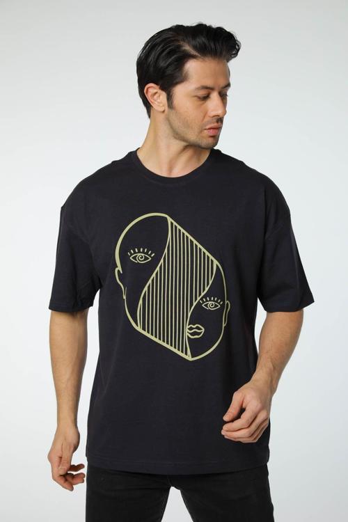 Oversize Tişört Baskılı Bisiklet Yaka