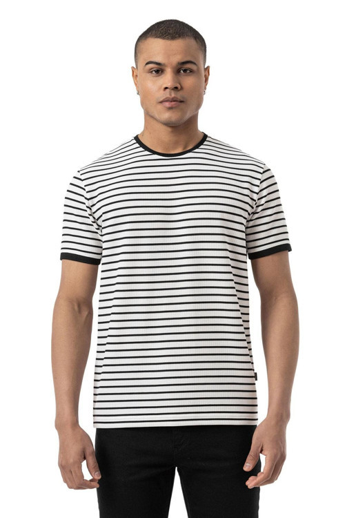 Yatay Çizgili Waffle Bisiklet Yaka T-Shirt