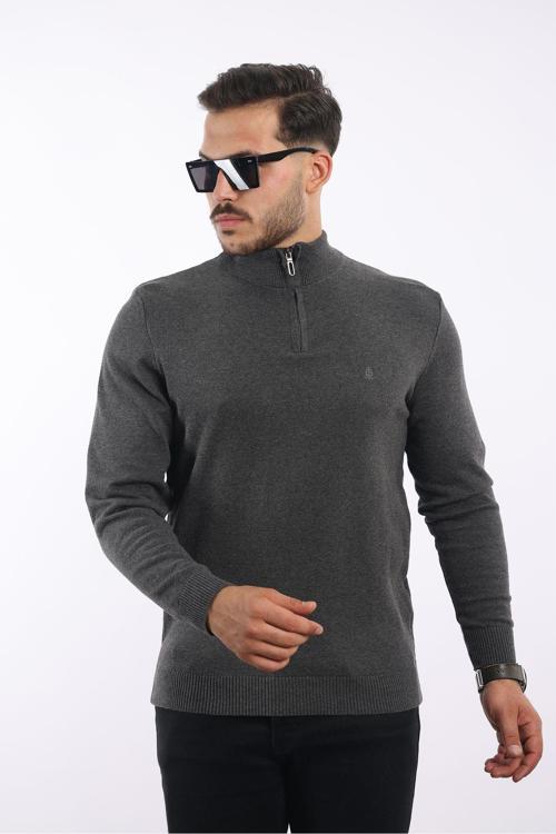 %100 Pamuk Tüylenme Yapmayan Yarım Fermuarlı Triko Siyah