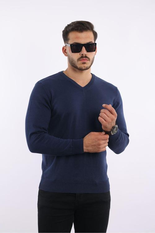 %100 Pamuk Vizon Tüylenme Yapmayan Standart Fit Normal Kesim V Yaka Triko Kazak