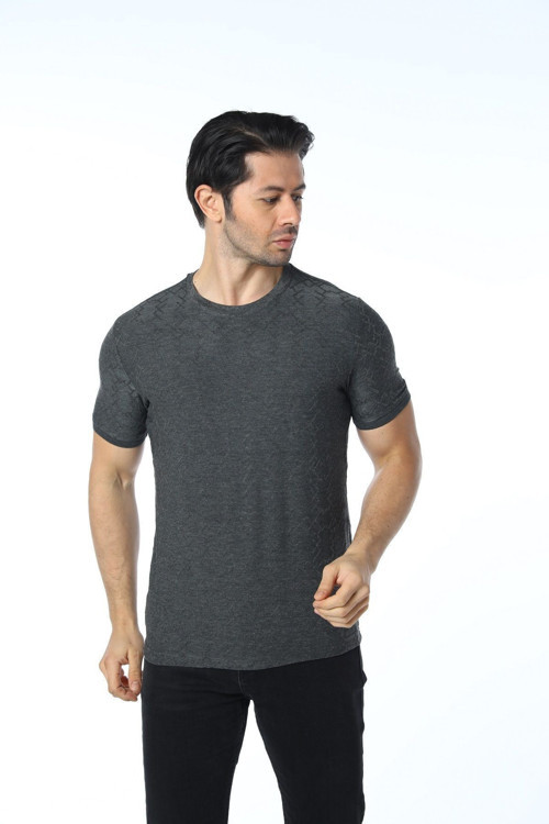 Bisiklet Yaka T-Shirt Jakarlı Antrasit