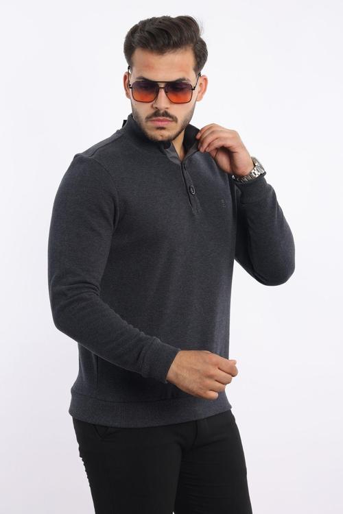 Pamuk Düz Selanik Dokuma Mont Yaka Sweatshirt Nefti