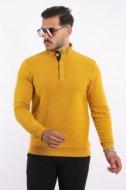 Pamuk Düz Selanik Dokuma Mont Yaka Sweatshirt Nefti