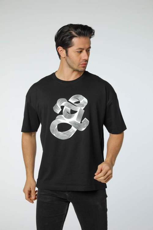 Oversize Baskılı Bisiklet Yaka T-Shirt
