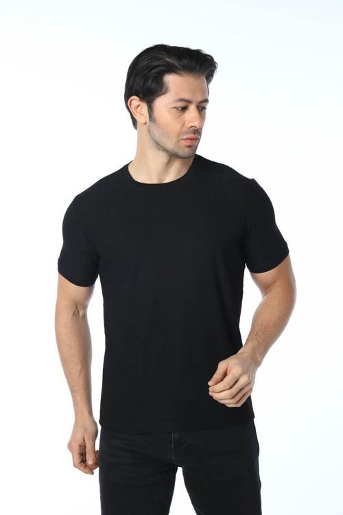 Siyah T-Shirt Jakarlı Bisiklet Yaka