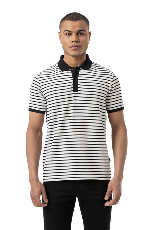Büyük Beden Yatay Çizgili Waffle Polo T-Shirt