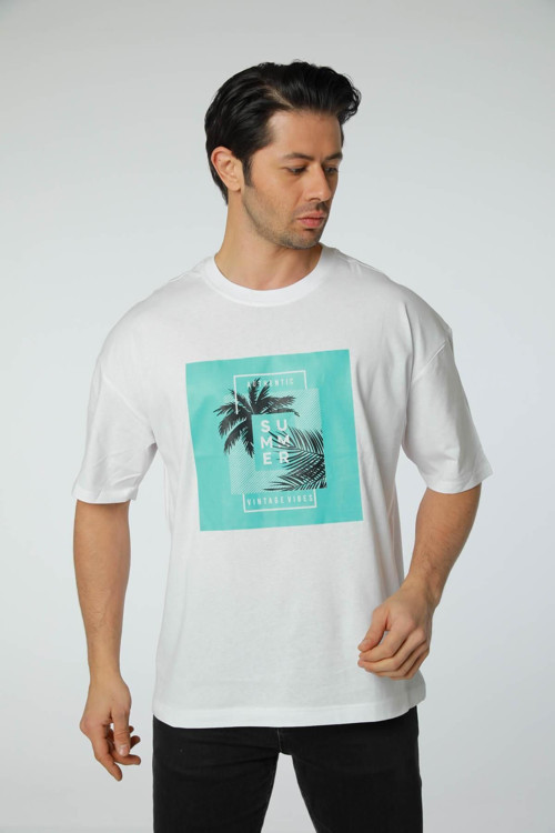 Baskılı Oversize Bisiklet Yaka T-Shirt