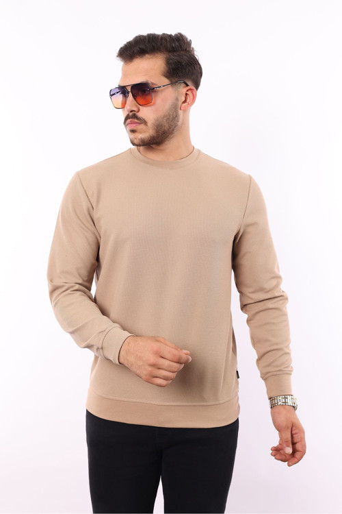 Pamuklu Waffle Bisiklet Yaka Sweatshirt Regular Kesim